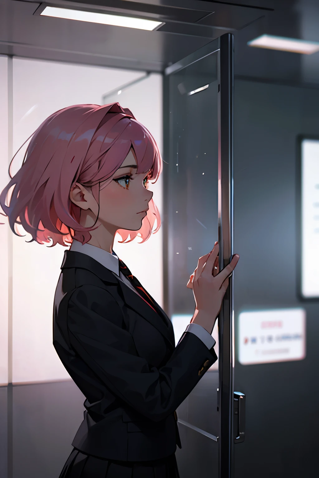 (highest quality:1.2), a 20-years-old girl is standing beside the glass wall, looking an operating room through the glass wall. From side view, Serious face, a photorealistic cute girl, beautiful face,resolute and tense face, European face, noble face, large eyes, beautiful lip,closed mouth, Short-cut pink hair, upper body portrait, wearing black business suits, wearing red tie, wearing black skirt.
