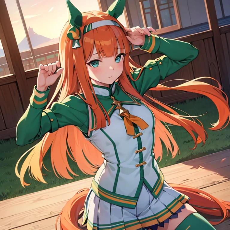 Trivikram asana posture, silence suzuka \(Uma Musume\), green eyes, horse tail,  Horse Girl ,  orange hair,  straight hair , Horse ears, 緑色のHorse earsカバー、masterpiece、 best quality