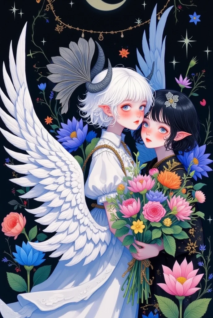  1 boy,1 Girl,Angel,Angel and devil,Angel  Wings , artist name ,asymmetrical  Wings ,bird,bird  Wings ,black  Wings , blue eyes ,blue flower,blue  Wings , blush,flower束,brown  Wings ,butterfly  Wings ,茶flower,new moon,daisy,Outdated,Devil Boy,demon  Wings ,detached  Wings ,Where,Elf,Fairy,Fairy  Wings ,fake  Wings ,feathered  Wings ,feather,flower,glowing  Wings ,green  Wings ,hair flower,Headdress,Halo,Happy,Hibiscus,Hold,Hold flower束,Hold flower,jacket, they have shami ,leaf,lily \(flower\),lily of the valley, looks at the audience,莲flower,low  Wings , male focus ,mini  Wings ,multicolored  Wings ,multiple  Wings ,orange flower,Pegasus,pink flower,pink Rose,pink  Wings ,plant,Pointed ears,purple flower,rainbow,red flower,red Rose,Rose,Short hair,Single wing, alone,shine,spread  Wings ,Star \(Sky\),Star \(symbol\), traditional media,transparent  Wings ,tulip, upper body,flower瓶,Watermark,white feather,white flower,White hair,white  Wings ,有 Wings 的胳膊, Wings ,yellow flower,yellow Rose,yellow  Wings 