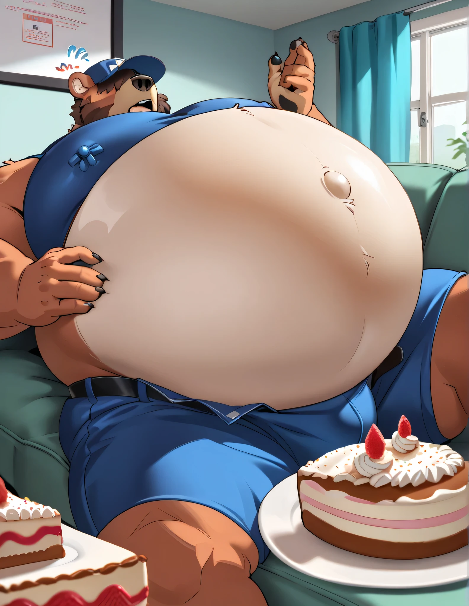 Nsfw, anthro daddy bear, male, brown fur color, beard, purple cap covering eyes, inflating, hyper belly, bloated belly, massive belly, pregnant, belly about to burst, bulge, background is cake factory, close up, from below, sideview, kokuhane artstyle, gorging on cake, tight belt, ((lying on couch)), ((lying on his back)), bigger belly, ((fatter belly)), ((on his back)), ((belly covers his head))