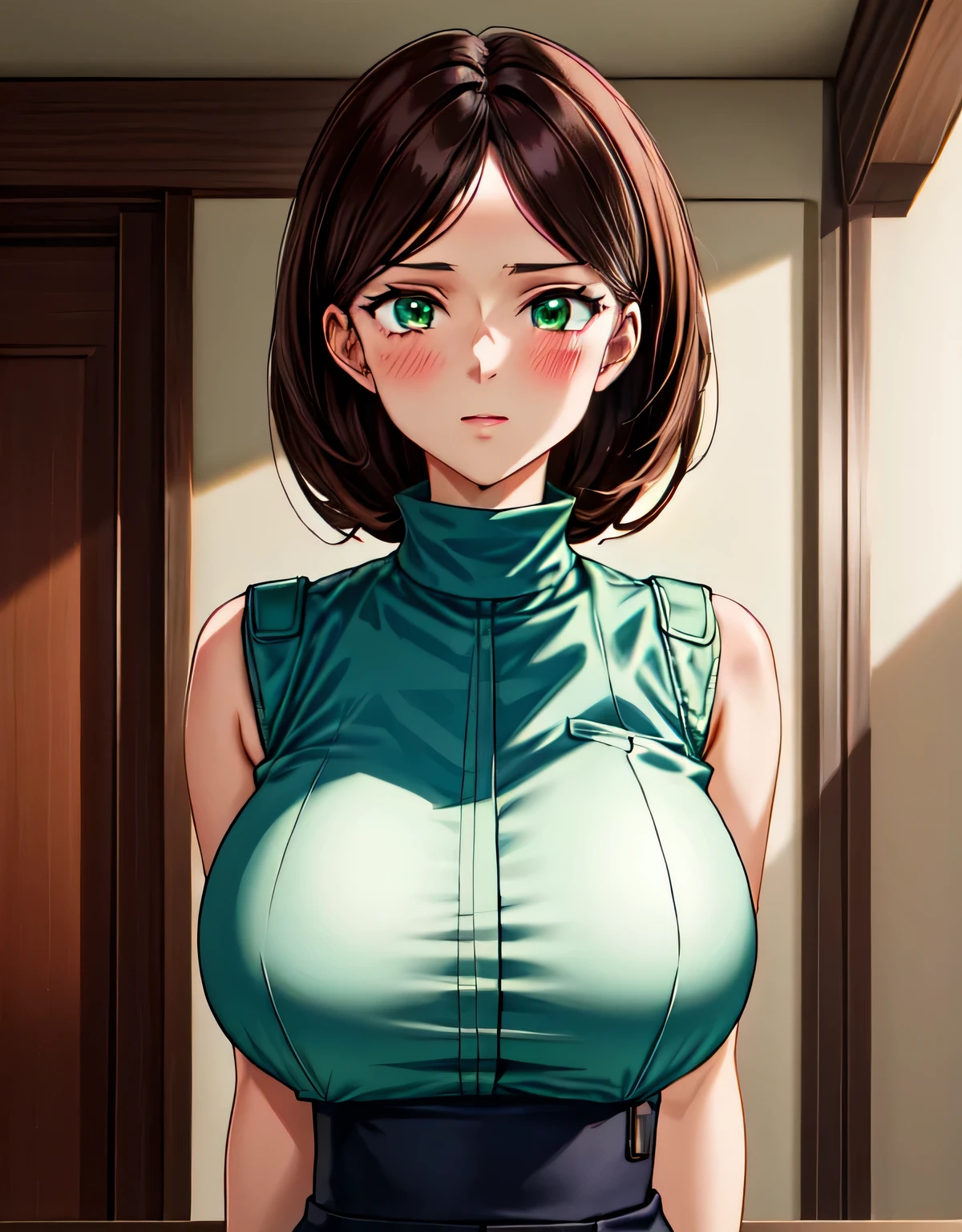 Emma Sheen,Green Shirt,bare shoulders,shiny green turtleneck,brown hair,green eyes,blush,official art,closed mouth,lips,indoor room,(large breasts:1.55),(shiny,hair),((solo)),((masterpiece)),((best quality)),perfect anatomy,slim waist,perfect image,8k UHD,(beautiful detailed eyes:1.5),extremely detailed face,standing,(upper body:1.2),(look at the front:1.5),(arms behindback),ultra-detailed,absurdres,ultra-highres,indoor room,blush,seductive,alluring,