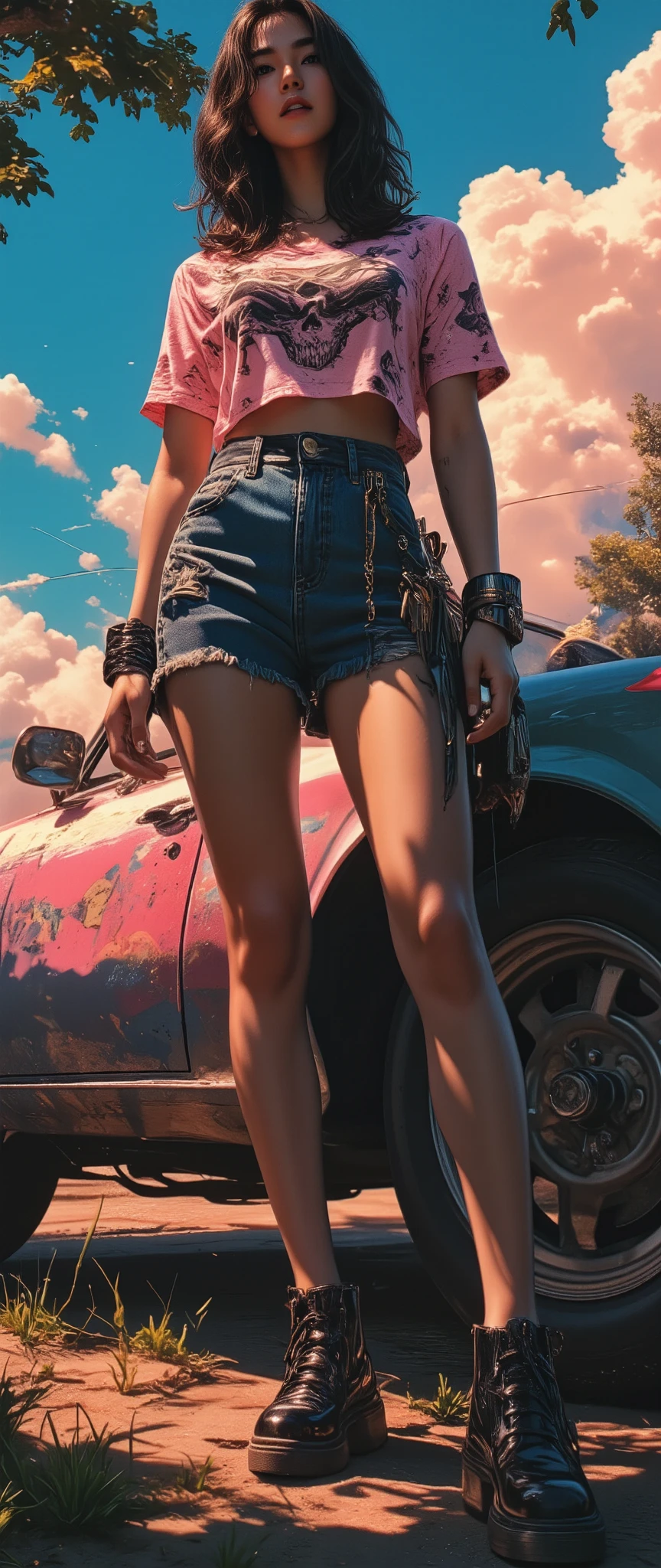 Anatomically correct , Plan General, full body , beautiful woman in sexy pose , short denim miniskirt , pink top with a drawing of a skull standing next to a car, GTA V , camera view from below Ross Tran style , realistic art style , In the style of Ross Tran , Ross Tran. picturesque background , beautiful digital artwork , lois van rossdraws, realistic art style , impressive digital illustration , ross drawings 1 . 0, impressive art style , in the style of Guveiz ,quality\(8K, wallpaper с чрезвычайно детализированным CG юнитом, High definition , top-quality, top-quality real texture skin, hyperrealistic , increase resolution , RAW photos , best quality, It's very detailed , wallpaper , Proporción áurea, high-intensity realism , style in bright colors , 'dramatic lighting' , Compelling story , атмосферный landscape , Stunning images , complex details , strong emotions, dream world\).landscape, Contract, Retina, masterpiece , necessary, Anatomically correct , Textured skin , super detail , High level of detail , high quality , awarded , best quality, High definition , 1080P, High definition , 16 mil.