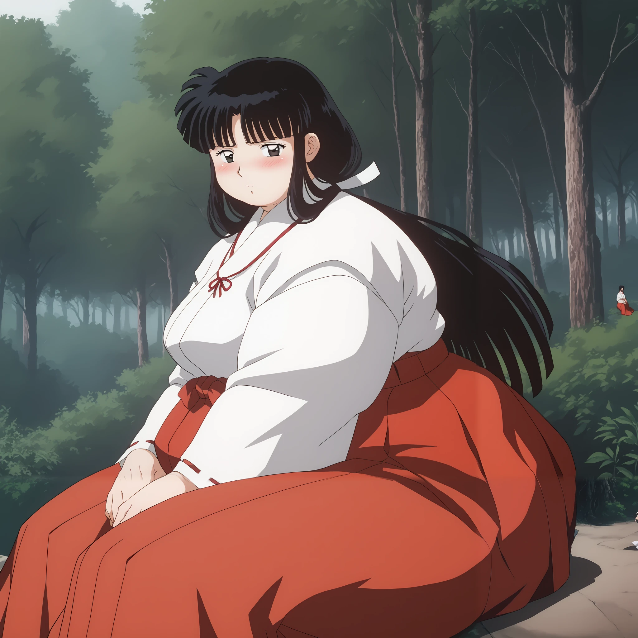 score_9, score_8_up, score_7_up, source_anime,
Kikyou, long hair, black hair, retro artstyle, black eyes, blush,
 skirt, long sleeves, japanese clothes, hakama, hakama skirt, miko, red hakama, 
outdoors, forest, nature,
looking at viewer,  fat, chubby, obese, gigantic arms and legs,   perfect quality, detailed face, sitting, side view, blush, embarrased