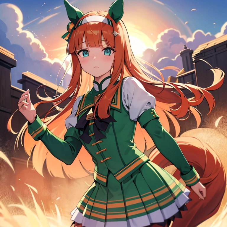 త్రివిక్రమ్ ఆసన పోస్టురే, silence suzuka \(Uma Musume\), green eyes, horse tail,  Horse Girl ,  orange hair,  straight hair , Horse ears, 緑色のHorse earsカバー、masterpiece、 best quality