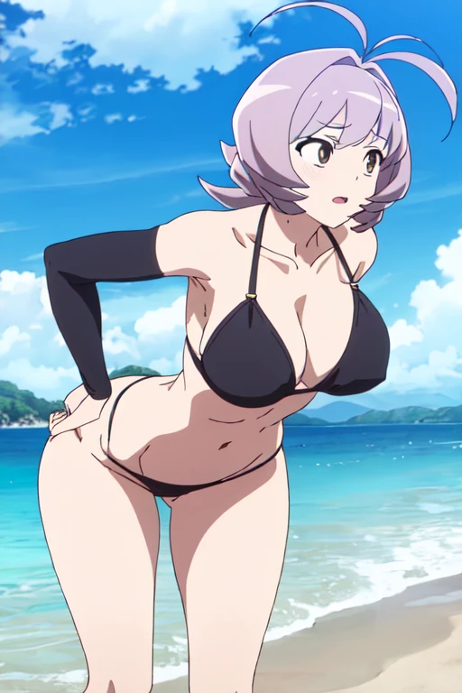  ON, osana najimi, brown eyes, beach, black cleavage top, sleevless top, small thong, massive breasts, fit body, perfect hips, sexy posture, wide hips, huge thighs, huge ass, perfect quality, good quality, masterpiece, HDR, UHD 