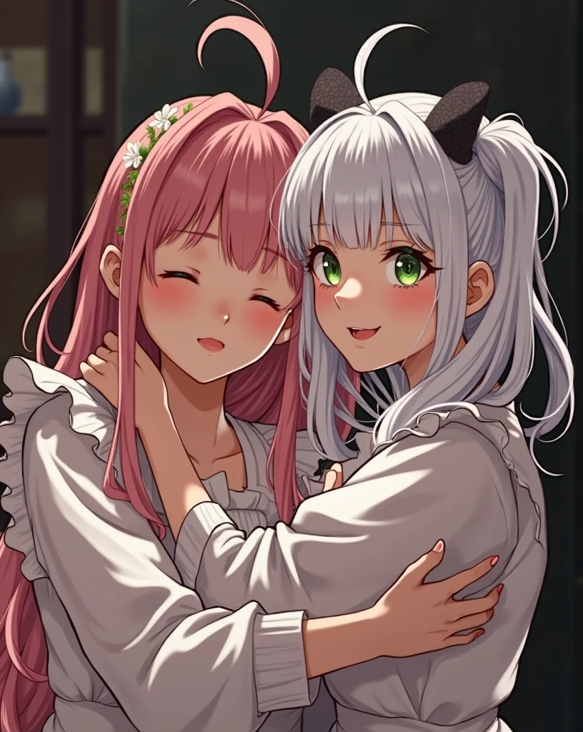 Girl dressed as a  with pink hair cuddling with a furry white cat in a corner with a pink collar