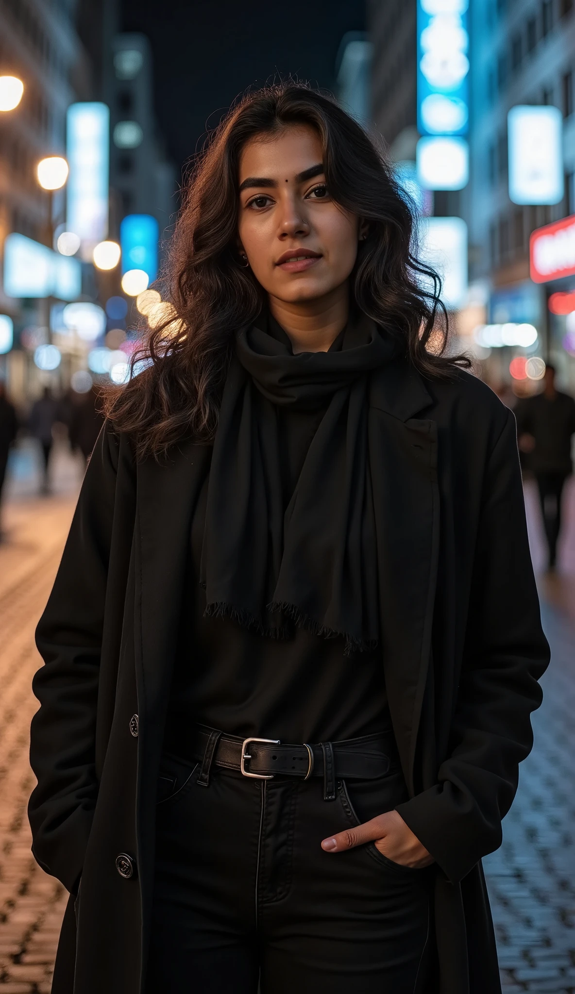 Iranian beautiful girls，Pretty Face，Wearing a dark scarf，Cyberpunk city by night，She was wearing a dark open coat，Black jeans，Dramatic Lighting，photography，4K,Ultra-fine details