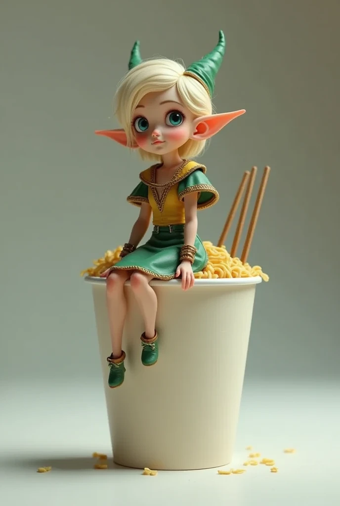 Cup noodles with the lid closed, a miniature elf figure sitting on the edge of the lid