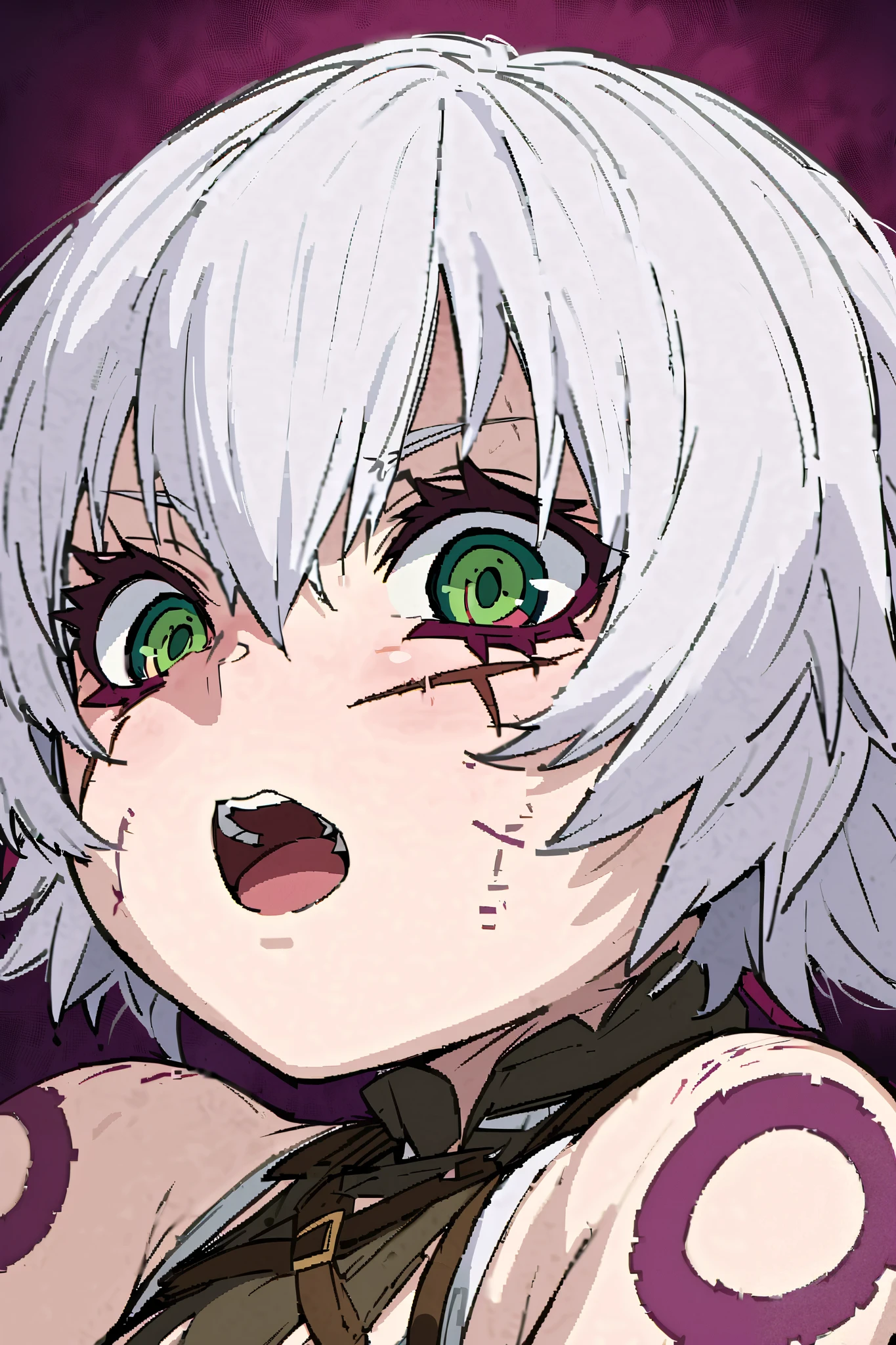 NSFW,masterpiece, best quality, high definition , very detailed , jack the ripper \(Fate/Grand Order\), Shorthair、Gray Hair、Green Eyes、Scars on face、Scar on cheek、Scars on the eyes、Shoulder Tattoo