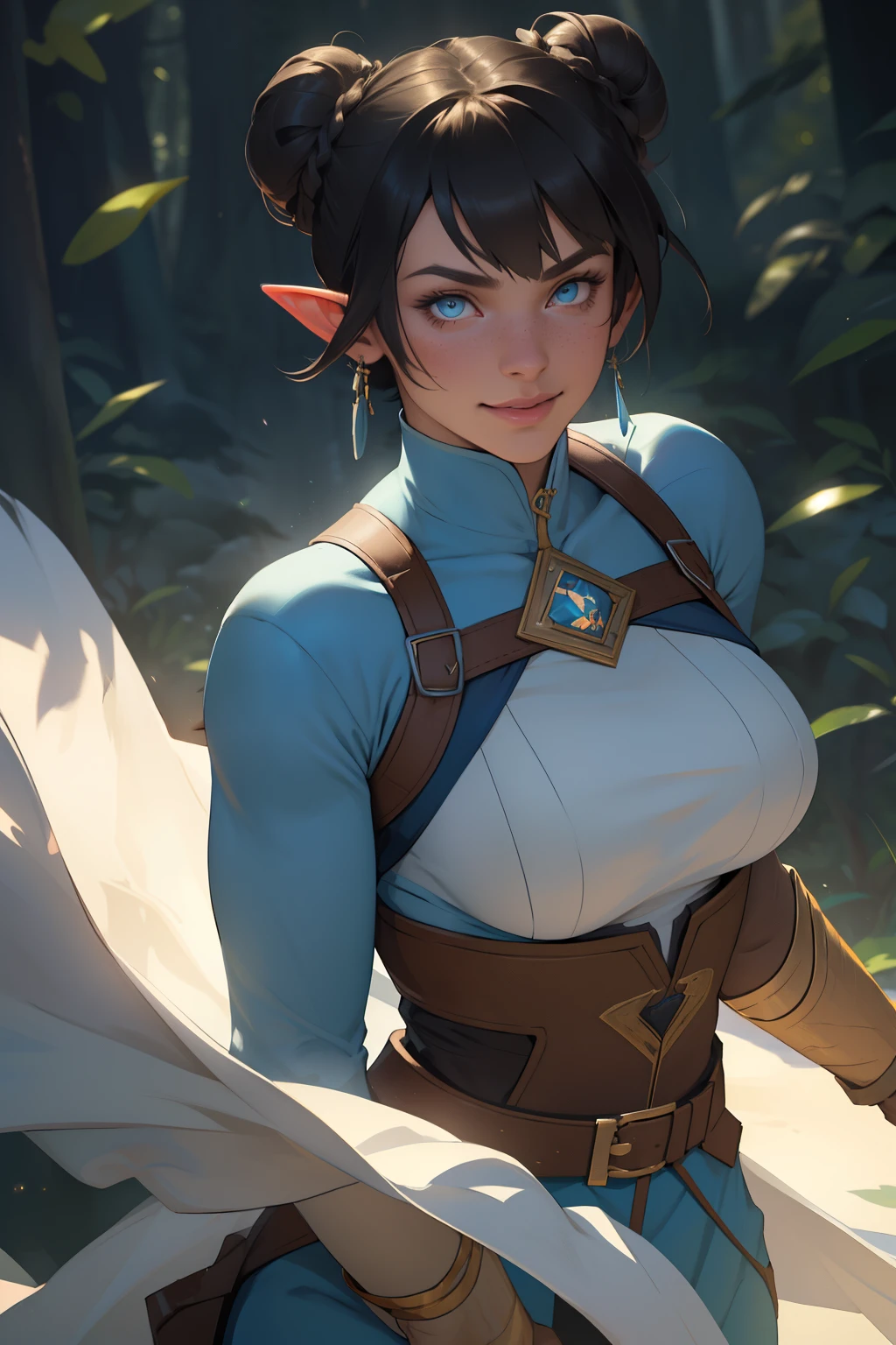 Korra da avatar,(best quality, 4K,8k,high resolution,work of art:1.2)(weather: showing), tundra background, artic village, wide hips, long curly hair, brown hair, freckles, sleeveless crop top, fur belt, bodycon winter skirt, leggings, winter boots, elbow long gloves, light makeup, dark eyeliner, blush, flirting pose, earrings, glowing eyes, ultra detailed, portrait, realistic, beautiful detailed blue eyes, beautiful detailed lips, extremely detailed eye and face, long eyelashes,average, large breasts, flying hair, beaming smile, sexy smile, powerful girl, bright coloured, dramatic lighting, blue flames, a beautiful elf girl training, short brown hair, double bun hairstyle, blunt bangs, blue eyes, hair ornament, detailed face, elegant pose, mystical forest background, cinematic lighting, (best quality,4k,8k,highres,masterpiece:1.2),ultra-detailed,(realistic,photorealistic,photo-realistic:1.37), LAUFEN, SHORT HAIR, DOUBLE BUN, BLUNT BANGS,