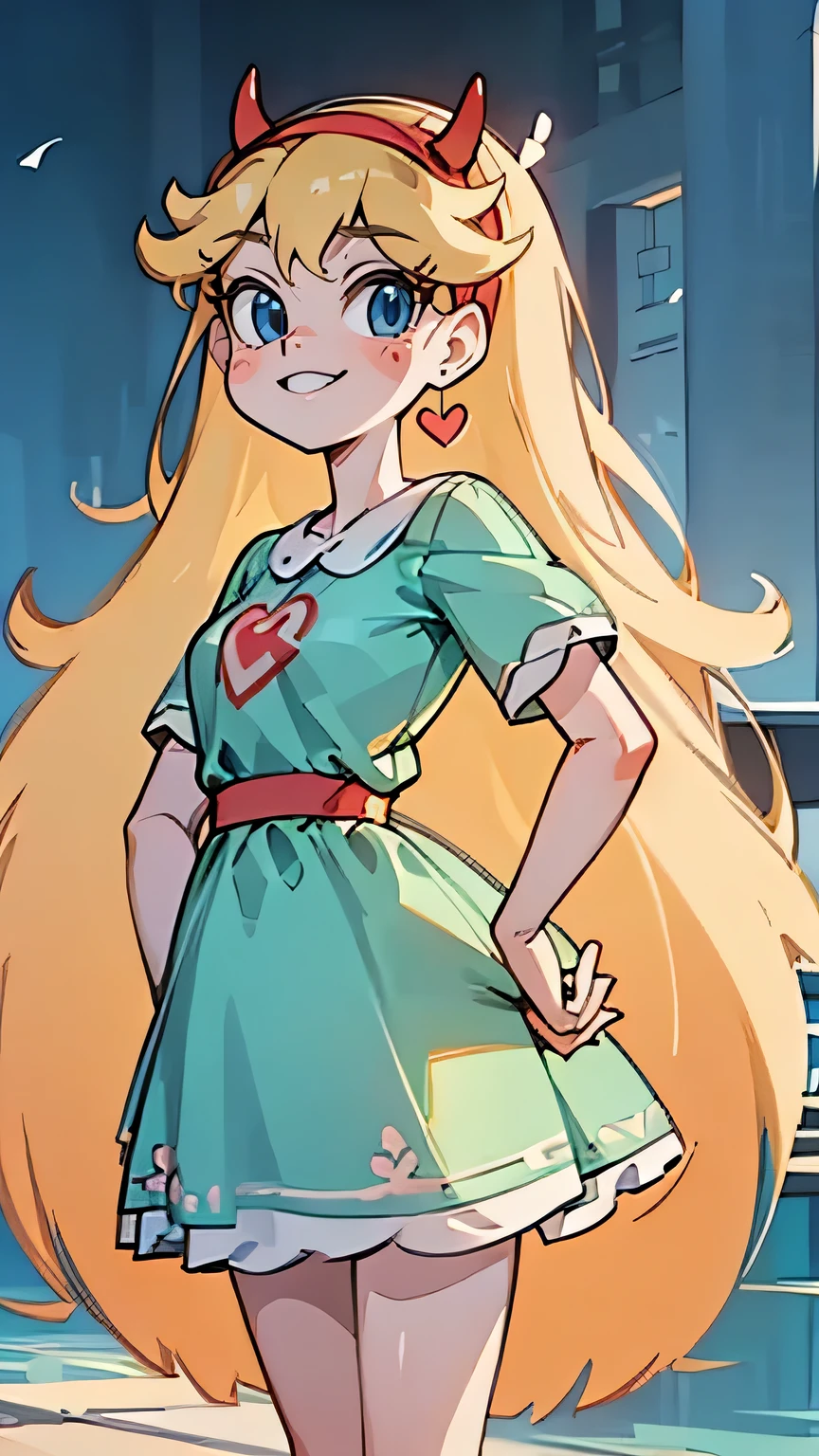 a beautiful girl with long blonde hair, wearing a teal dress, red hairband and having horns, looking directly at the viewer, smiling, highly detailed, 8k, photorealistic, masterpiece, intricate details, gorgeous fashion accessories, flowing hair, heart, blue eyes, facial scar, very long hair, brush strokes, sticker, portrait