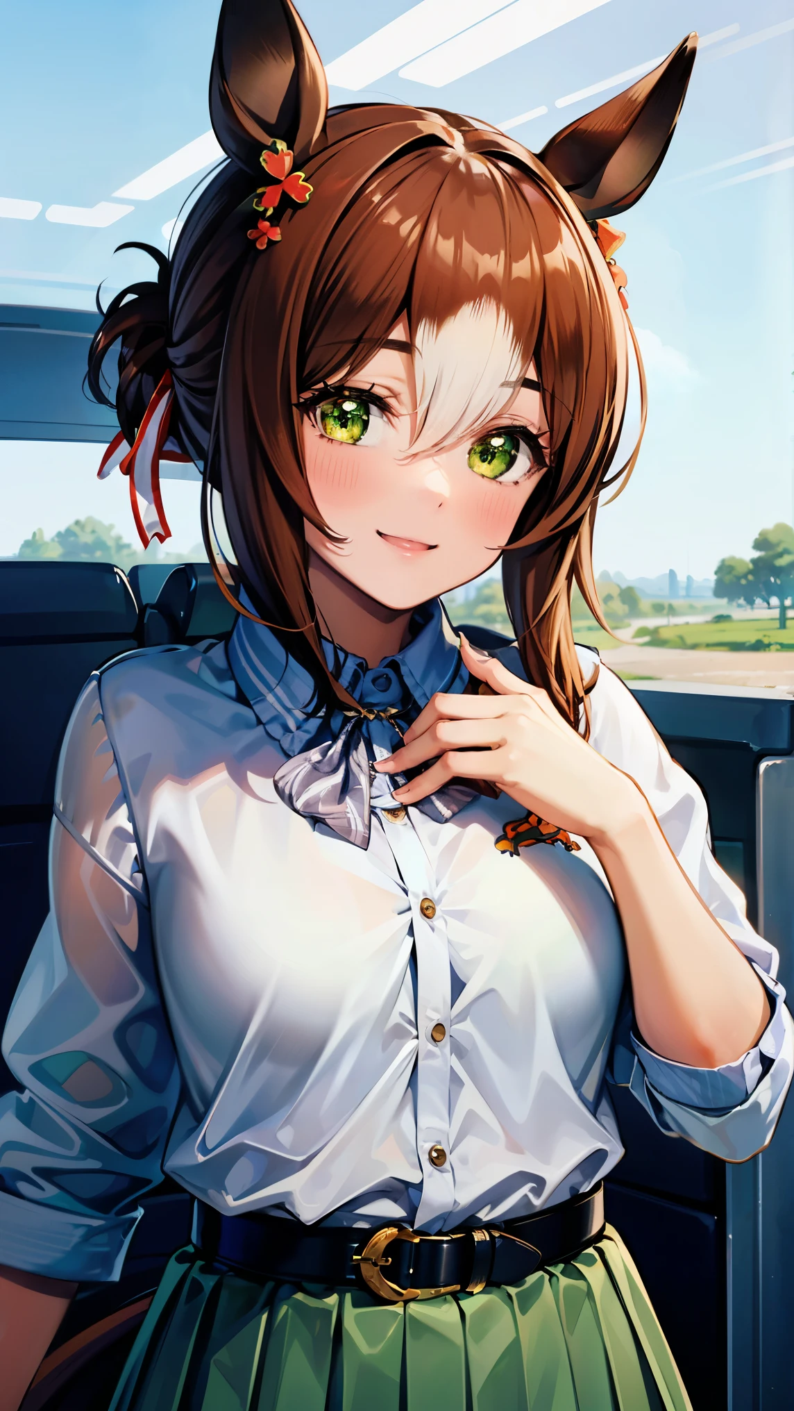 8k high resolution ( super detailed), masterpiece, ( best quality)　 Anime Illustration 　 detailed eyes on board,  detailed face 　 detailed hands 　Fine hair　 very elaborate body 、 fine skin 　 one girl　Horse Girl_Fine Motion　(fine motion \(Uma Musume\))　 green skirt , belt,  casual　 white shirt　Swollen breasts　 see here　Smiling face