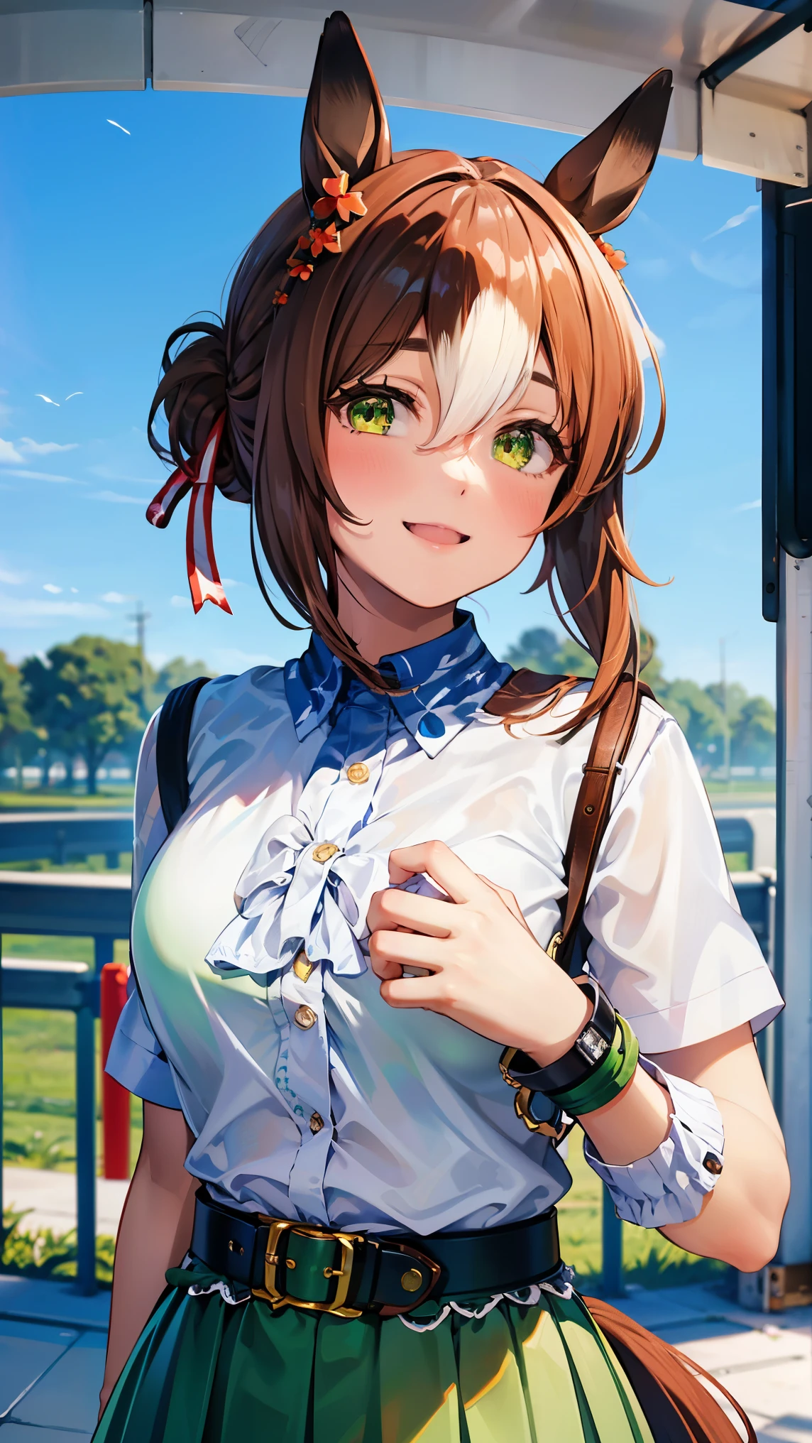 8k high resolution ( super detailed), masterpiece, ( best quality)　 Anime Illustration 　 detailed eyes on board,  detailed face 　 detailed hands 　Fine hair　 very elaborate body 、 fine skin 　 one girl　Horse Girl_Fine Motion　(fine motion \(Uma Musume\))　 green skirt , belt,  casual　 white shirt　Swollen breasts　 see here　Smiling face