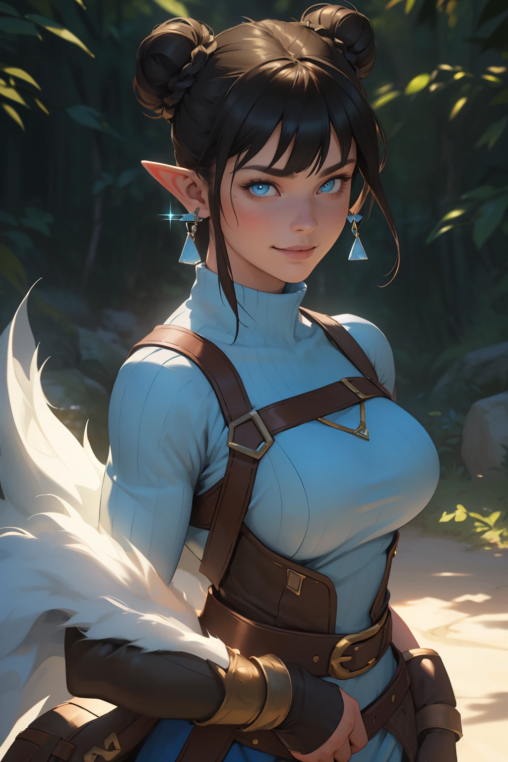 Korra da avatar,(best quality, 4K,8k,high resolution,work of art:1.2)(weather: showing), tundra background, artic village, wide hips, long curly hair, brown hair, freckles, sleeveless crop top, fur belt, bodycon winter skirt, leggings, winter boots, elbow long gloves, light makeup, dark eyeliner, blush, flirting pose, earrings, glowing eyes, ultra detailed, portrait, realistic, beautiful detailed blue eyes, beautiful detailed lips, extremely detailed eye and face, long eyelashes,average, large breasts, flying hair, beaming smile, sexy smile, powerful girl, bright coloured, dramatic lighting, blue flames, a beautiful elf girl training, short brown hair, double bun hairstyle, blunt bangs, blue eyes, hair ornament, detailed face, elegant pose, mystical forest background, cinematic lighting, (best quality,4k,8k,highres,masterpiece:1.2),ultra-detailed,(realistic,photorealistic,photo-realistic:1.37), LAUFEN, SHORT HAIR, DOUBLE BUN, BLUNT BANGS,