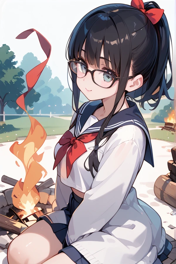 Black hair, glasses, sailor uniform, duffle coat, bonfire, high school girl warming herself by the bonfire