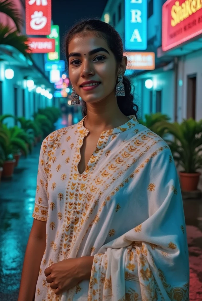 Extreme white skin, pale skin, read lips, blue eye, Breathtakingly stunning woman stands tall in cyberpunk cityscape, a beautiful fit body, midriff exposed, navel, cleavage cutout, blouse and pavada it' a Kerala gown, teanger 18 years old, 58kg, 6.1hight, teal and red neon lights dancing across her skin.l jewelry sparkles against her wet skin tone. Shot in ultra-high definition on ARRI Alexa XT camera,Pale skin,white paled skin