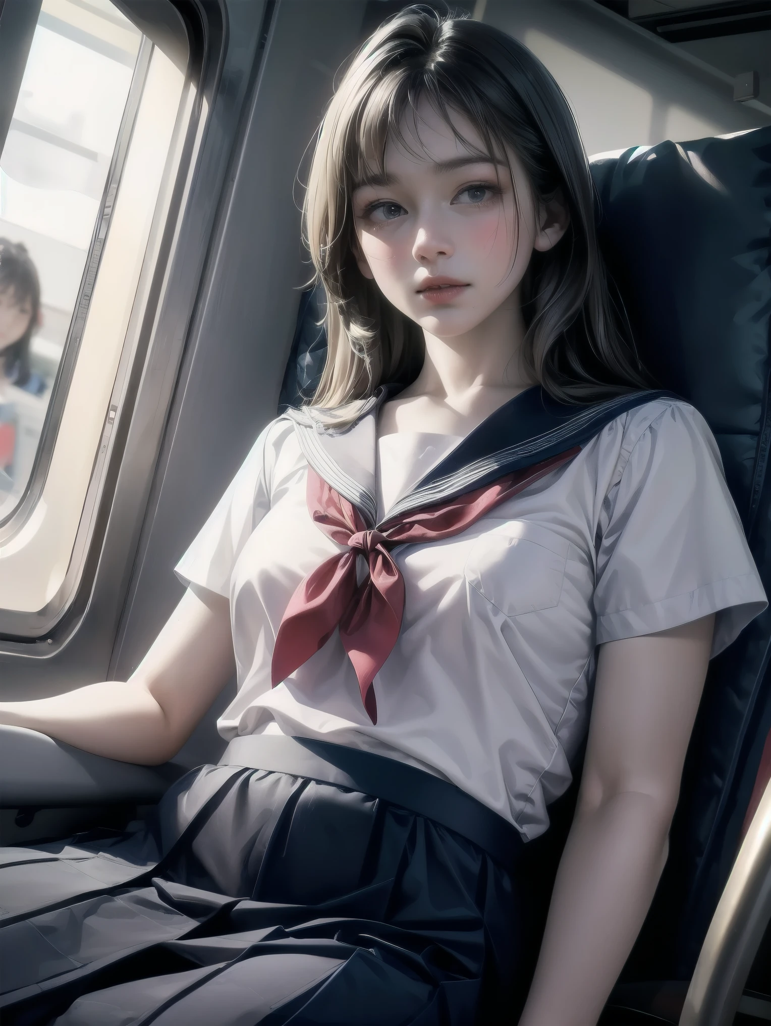 "(masterpiece, High resolution, Ultra High resolution, 4K) ,Japanese Girls , Uniform skirt, Accentuate your thighs, Soft thighs, Great thighs, Sitting on a train, Facing angle, (Angle from below),sitting on a train seat,sitting in front,Crotch Zoom Camera,Put your feet on the train,whole body,Looking down sleepily,Only watching the audience", Please redeem, White underwear is visible,超High resolution, (Realistic:1.4),, High resolution, detailed, RAW Photos, Shapuri, Nikon D850 film stock photo by Lee Jefferies 4 Kodak Portra 400 camera F1.6 lens rich colors hyper Realistic lively textures dramatic lighting unreal engine artstation trends cinestir 800,