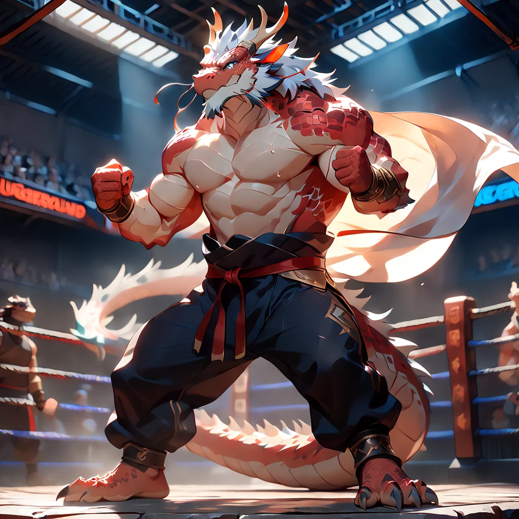 ### Personagens Principais & identity
(:1.4), (Oriental Dragon Furry:1.3), Muscular male, Mature Dragon, perfect detail, masterpiece, (Front view:1.2), full body shot, dramatic lighting, alone, in cage

### physical characteristics 
massive chest, bulging muscles, thick neck, strong waist, (Dominant Pose:1.2), (Fighter's Stance:1.2), sweating body, glistening muscles

### Dragon Characteristics
(Deep Blue Eyes:1.2), (branched antlers:1.2), dragon whiskers, (Red scales:1.8), (White belly scales:1.4), (gray flowing mane:1.2), long dragon tail, detailed scale patterns, sharp claws

### clothing & state
shirtless, (white silk loose pants:1.3), barefoot, (pants low on hips:1.2), sweat-soaked fabric, (revealing silhouette:1.2)

### scene background
(Underground Fighting Arena:1.4), (Metal Cage:1.3), spotlights from above, (watching crowd in background:1.2), dark atmosphere, dramatic shadows

### emotional expression
predatory gaze, aggressive stance, dominant expression, (seductive smirk:1.2)

### Quality Requirements
Ultra high resolution, dramatic lighting, professional photography, perfect detail

### NSFW elements
suggestive pose, revealing clothing, sensual atmosphere, erotic tension