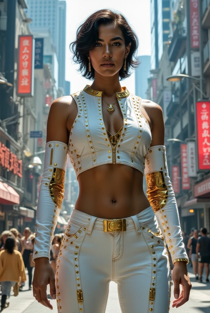 Standing in Cyberpunk City
Arm Muscles
Brown Skin
Short Black Hair
Gold Accessories
Female
Close-up
White Clothes with Gold Clips
Lobot Body Parts
Front View
Black Glue Hologram