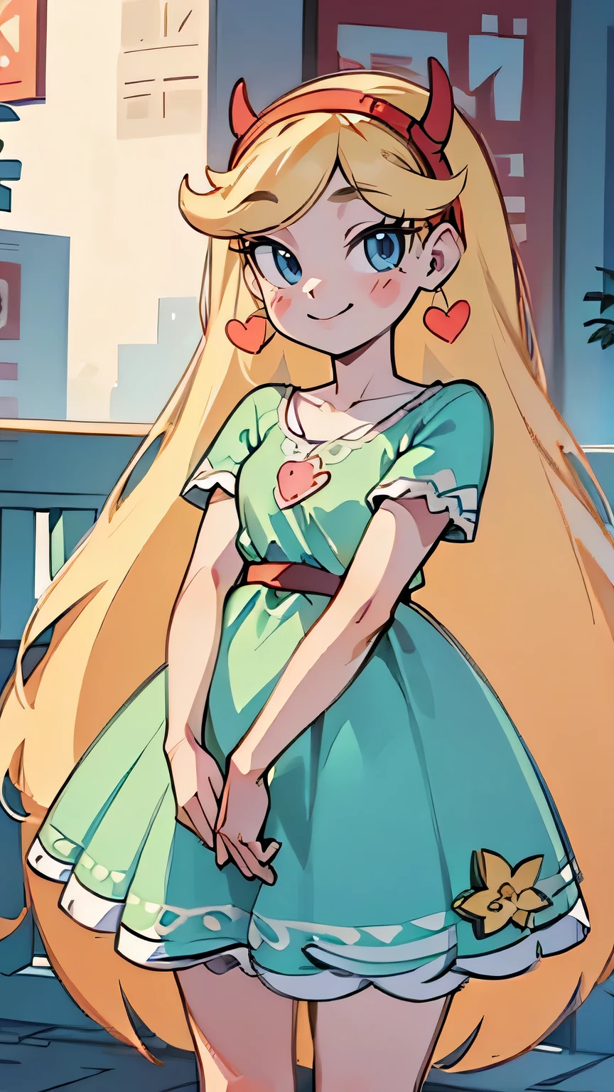 a beautiful girl with long blonde hair, wearing a teal dress, red hairband and having horns, looking directly at the viewer, smiling, highly detailed, 8k, photorealistic, masterpiece, intricate details, gorgeous fashion accessories, flowing hair, heart, blue eyes, facial scar, very long hair, brush strokes, sticker, portrait