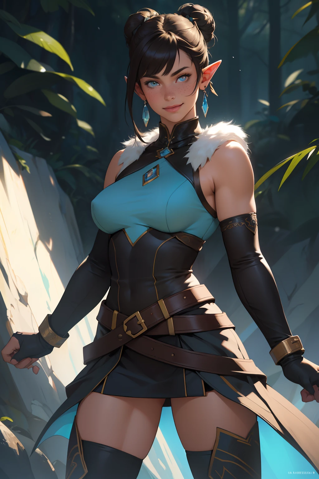 Korra da avatar,(best quality, 4K,8k,high resolution,work of art:1.2)(weather: showing), tundra background, artic village, wide hips, long curly hair, brown hair, freckles, sleeveless crop top, fur belt, bodycon winter skirt, leggings, winter boots, elbow long gloves, light makeup, dark eyeliner, blush, flirting pose, earrings, glowing eyes, ultra detailed, portrait, realistic, beautiful detailed blue eyes, beautiful detailed lips, extremely detailed eye and face, long eyelashes,average, large breasts, flying hair, beaming smile, sexy smile, powerful girl, bright coloured, dramatic lighting, blue flames, a beautiful elf girl training, short brown hair, double bun hairstyle, blunt bangs, blue eyes, hair ornament, detailed face, elegant pose, mystical forest background, cinematic lighting, (best quality,4k,8k,highres,masterpiece:1.2),ultra-detailed,(realistic,photorealistic,photo-realistic:1.37), LAUFEN, SHORT HAIR, DOUBLE BUN, BLUNT BANGS,