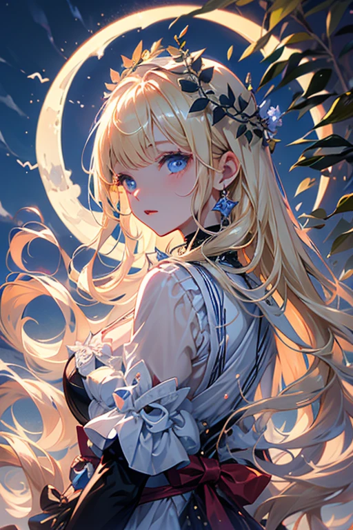 (Photorealistic Ristech: 1.6),(Absurdity, top quality, high resolution, beautiful and aesthetic, aesthetic, extreme detail, elaborate beautiful eyes, official art, beauty and aesthetics: 1.2), goddess sitting on clouds against the background of stars and moon, Aphrodite, beautiful blonde, anime fantasy illustration, detailed beautiful face, (Greek white dress: 1.3),Starry sky, pink clouds, detailed digital anime art, dreamy details, flowing streamer, overexposed, floating hair, volume lighting,