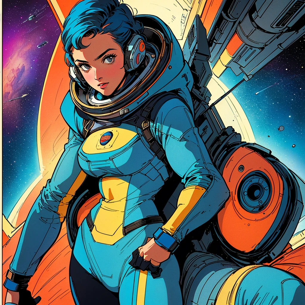 ((( Best Quality Masterpiece ))),(((Absolutely one woman))),(spacesuit that emphasizes cleavage ),((( 70s and 80s space thriller movie posters))),( American Comics ),((( retro vintage style ))),Overwhelmingly complex depiction,Absolute machine group background, futuristic cyberpunk ,Extremely accurate and delicate depiction,