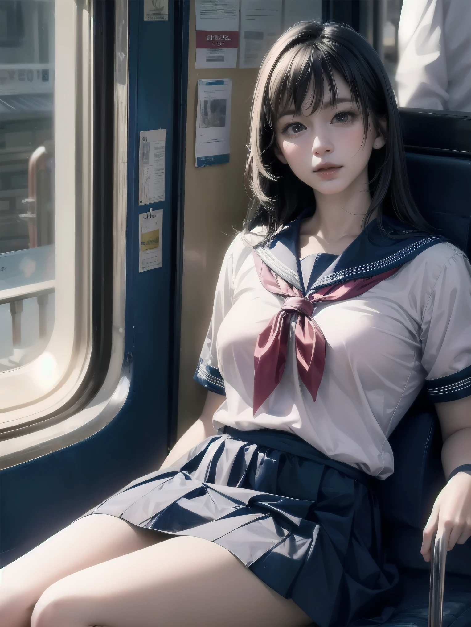 "(masterpiece, High resolution, Ultra High resolution, 4K) ,Japanese Girls , big boob, Uniform skirt, Accentuate your thighs, Soft thighs, Great thighs, Sitting on a train, Facing angle, (Angle from below),sitting on a train seat,sitting in front,Crotch Zoom Camera,Put your feet on the train,whole body,Looking down sleepily,Only watching the audience", Please redeem, White underwear is visible,超High resolution, (Realistic:1.4),, High resolution, detailed, RAW Photos, Shapuri, Nikon D850 film stock photo by Lee Jefferies 4 Kodak Portra 400 camera F1.6 lens rich colors hyper Realistic lively textures dramatic lighting unreal engine artstation trends cinestir 800,