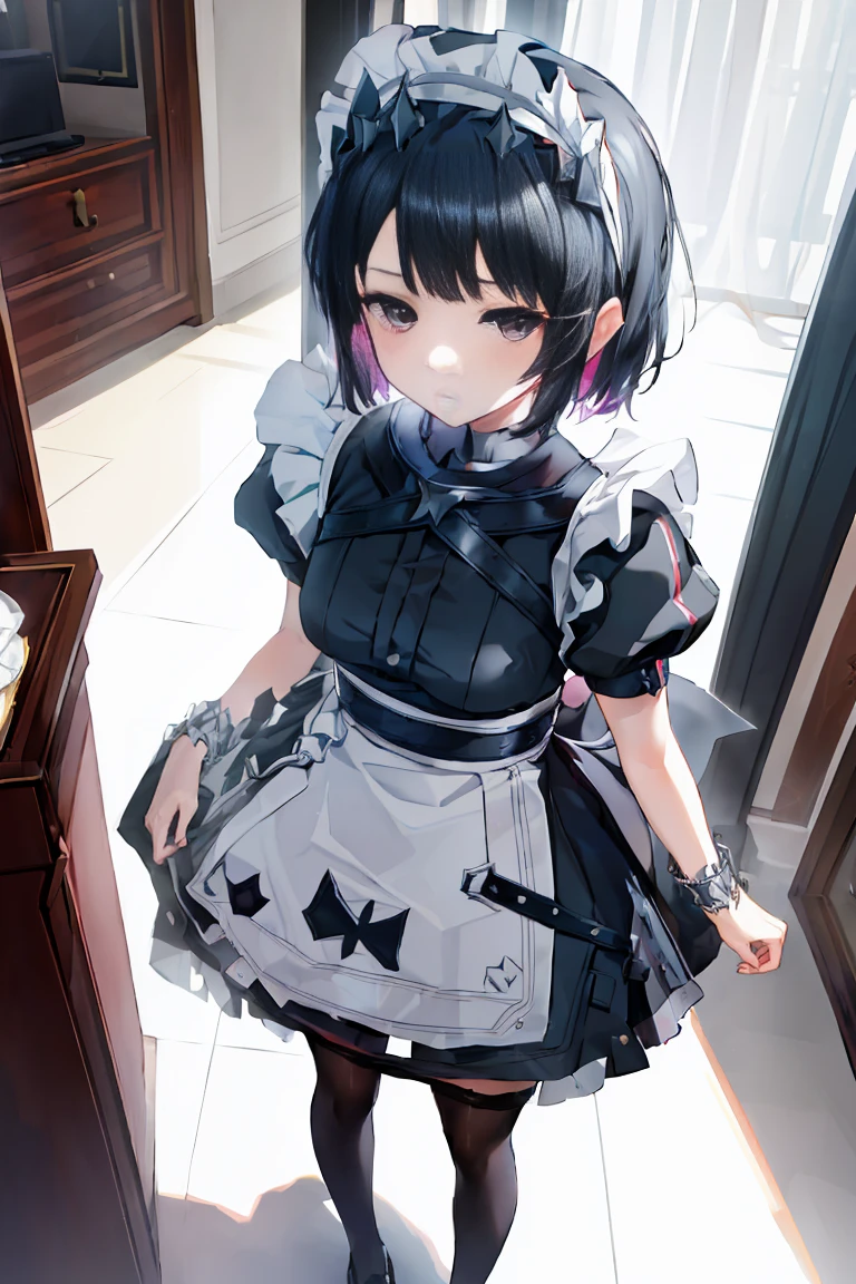 (((Best quality,4k,from above))),1girl,standing,leaning pantyhose pull,maid,black frilled skirt,pantyhose,maid headdress,silver bracelet,high heels,black hair,very short hair,(expressionless,clear face),(((livingroom)))