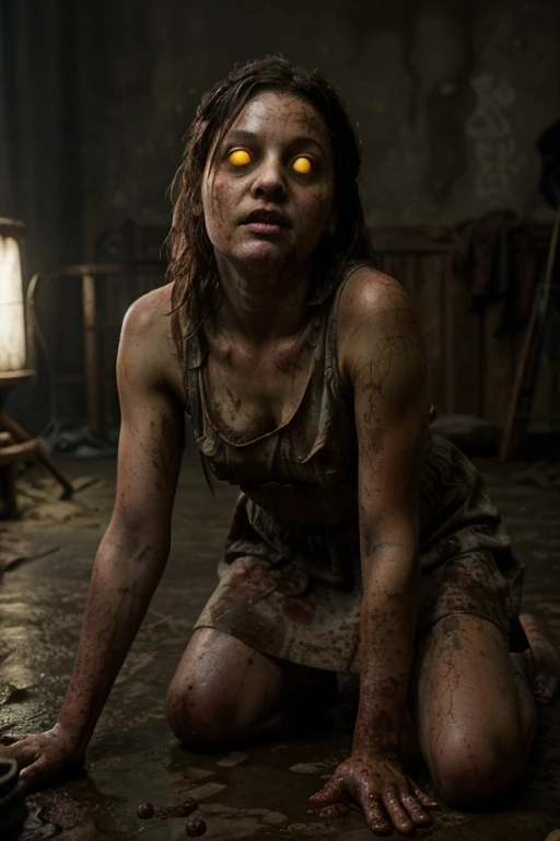 1 girl, lilsis, dirty, blood, muddy dress, black hair, dress, horror, (theme), alone, yellow eyes, dark, yellow sclera, glowing eyes, sinister, brightly lit background, explicit warning, (barefoot, enjoying), nsfw. The wall behind the table is light brown and there is a big screen on the right side, (cinematic framing, realistic: 1.3, highly detailed, high-budget, cinemascope, gloomy, epic, beautiful, film grain, grainy, masterpiece, best quality, perfect anatomy, very aesthetic, official art, 8k, photography on 35mm film), looking at viewers