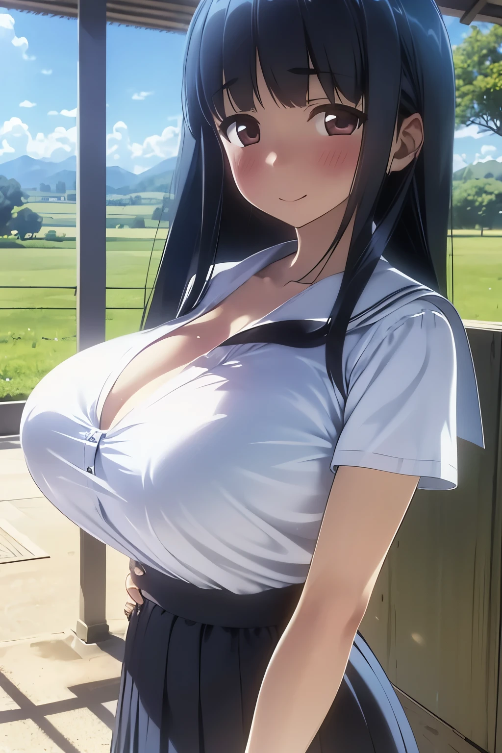  Japanese girls,  High School Girls ,  cowboy shots, smile,(超 high definition ,  very detailed , 8k,  high definition ,  absurd:1.2),  beautiful character designs,  perfect face,  beautiful detail depiction of eyes on the window, affectionate eyes,  Brown Eyes ,  girl counting money {x} long black hair, Short bangs, ( Big Breasts :1.2), (Deep Valley:1.2), ( school uniform:1.1), In the middle of nature with no one around, Daytime