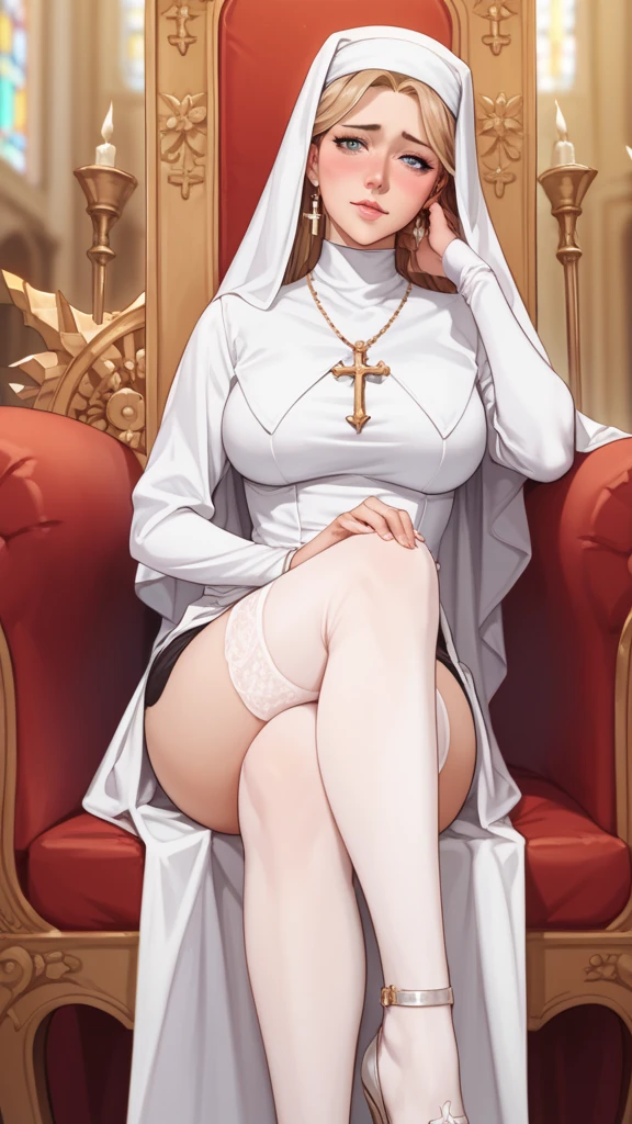 a close up of a woman sitting on a red chair, anime goddess, nun outfit, beautiful anime girl squatting, sitting on her throne, beautiful alluring anime woman, anime barbie in white stockings, on her throne, top rated on pixiv, seductive anime girl, the anime girl is crouching, dressed like a cleric, dressed in white robes, Score_9, Score_8_up, Score_7_up, Score_6_up, Score_5_up, Score_4_up, Source_anime, Tag1, Tag2, Quality_masterpiece, Anatomically correct, Beautiful face, Perfect face, Highly detailed beautiful face and eyes, Attractive face, Detailed face, Delicate facial features, Detailed skin, medium breasts, Wide hips, medium butt, big butt, Thick thighs, Sensual woman, Mature female, Milf, Motherly, Seductive, Embarrassed, Shy, l Looking at viewer, 