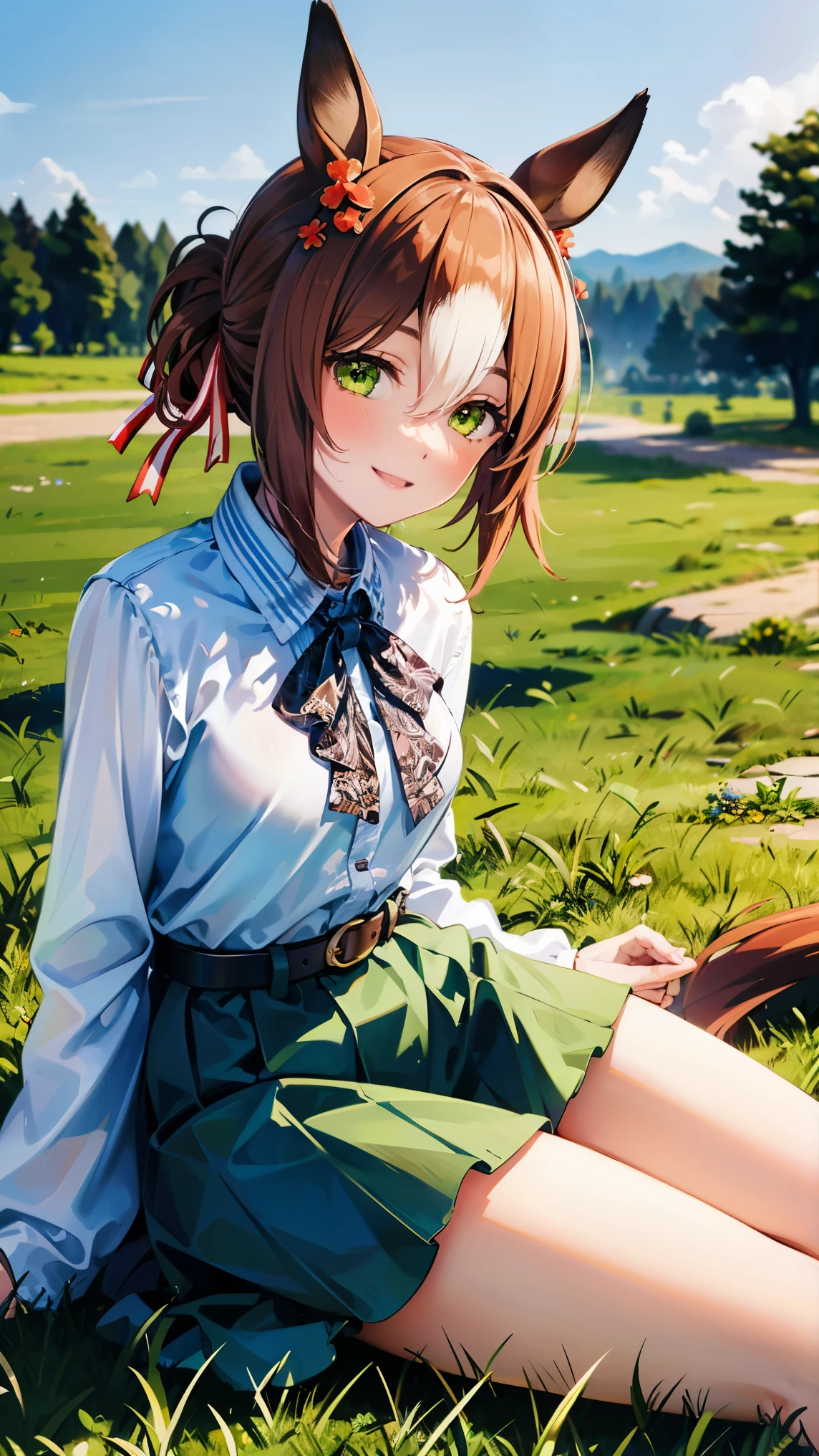 8k high resolution ( super detailed), masterpiece, ( best quality)　 Anime Illustration 　 detailed eyes on board,  detailed face 　 detailed hands 　Fine hair　 very elaborate body 、 fine skin 　 one girl　Horse Girl_Fine Motion　(fine motion \(Uma Musume\))　 green skirt , belt,  casual　 white shirt　Swollen breasts　 see here　Smiling face　Sitting on the grass　Triangle sitting　To show off