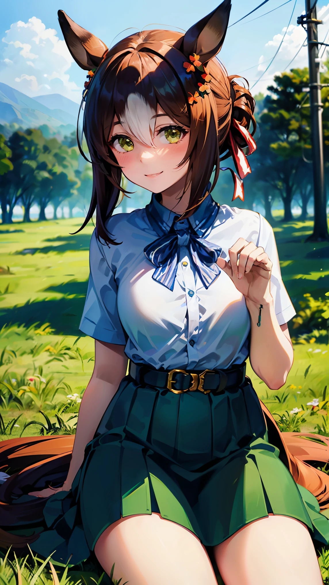 8k high resolution ( super detailed), masterpiece, ( best quality)　 Anime Illustration 　 detailed eyes on board,  detailed face 　 detailed hands 　Fine hair　 very elaborate body 、 fine skin 　 one girl　Horse Girl_Fine Motion　(fine motion \(Uma Musume\))　 green skirt , belt,  casual　 white shirt　Swollen breasts　 see here　Smiling face　Sitting on the grass　Triangle sitting　To show off