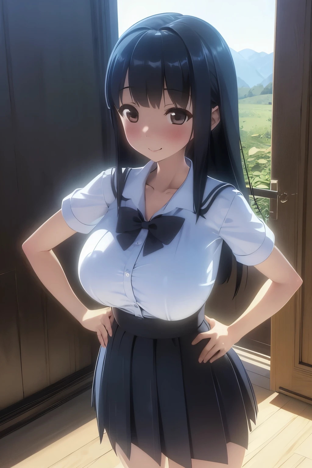  Japanese girls,  High School Girls ,  cowboy shots, smile,  beautiful character designs,  perfect face,  beautiful detail depiction of eyes on the window, affectionate eyes,  Brown Eyes ,  girl counting money {x} long black hair, Short bangs, ( Big Breasts :1.2), (Deep Valley:1.2), ( school uniform:1.1), (超 high definition ,  very detailed , 8k,  high definition ,  absurd:1.2), put hands hip, In the middle of nature with no one around, Daytime