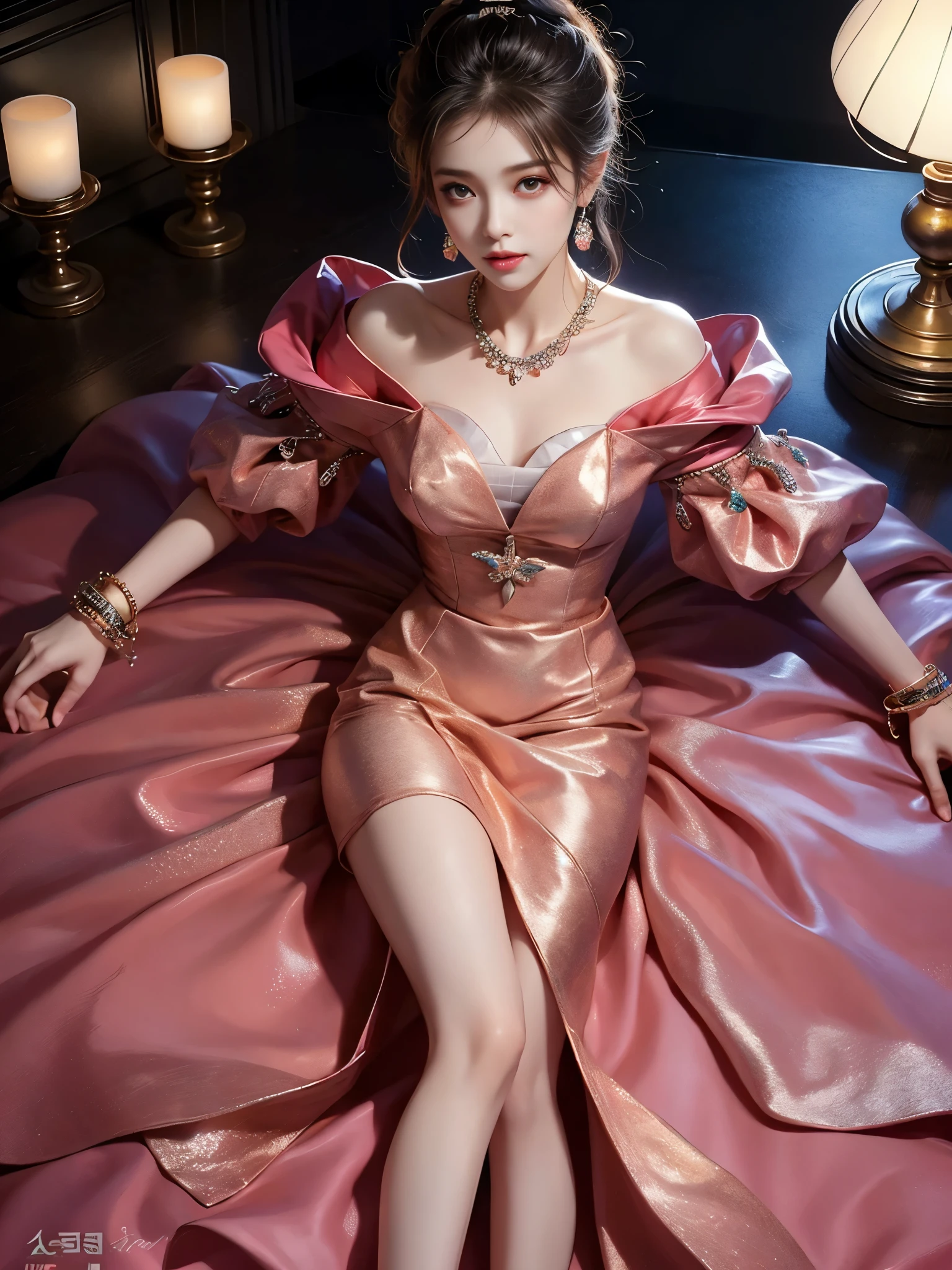 wuxian-xsg ((full body)), ((from above)), ((Satellite view)), ((Lying in bed)), clear face, pretty face, 8k, masterpiece, original photo, best quality, detail:1.2,lifelike, detail, Very detailed, CG, unified, wallpapers, depth of field, movie light, lens flare, Ray tracing, (extremely beautiful face, beautiful lips, beautiful eyes), intricate, detail's face, ((ultra detailed skin)), 1 girl, in the darkness, deep shadow, beautiful korean girl, kpop idol,(Very slim figure:1.3), A plump chest, Large breasts, Slender sexy legs, Very nice legs, elegant posture, (bright smile), (City night, (neon lights), (night), beautiful korean girl, white diamond earrings, Diameter bracelet, Dia necklace, clear eyes, (big eyes)
