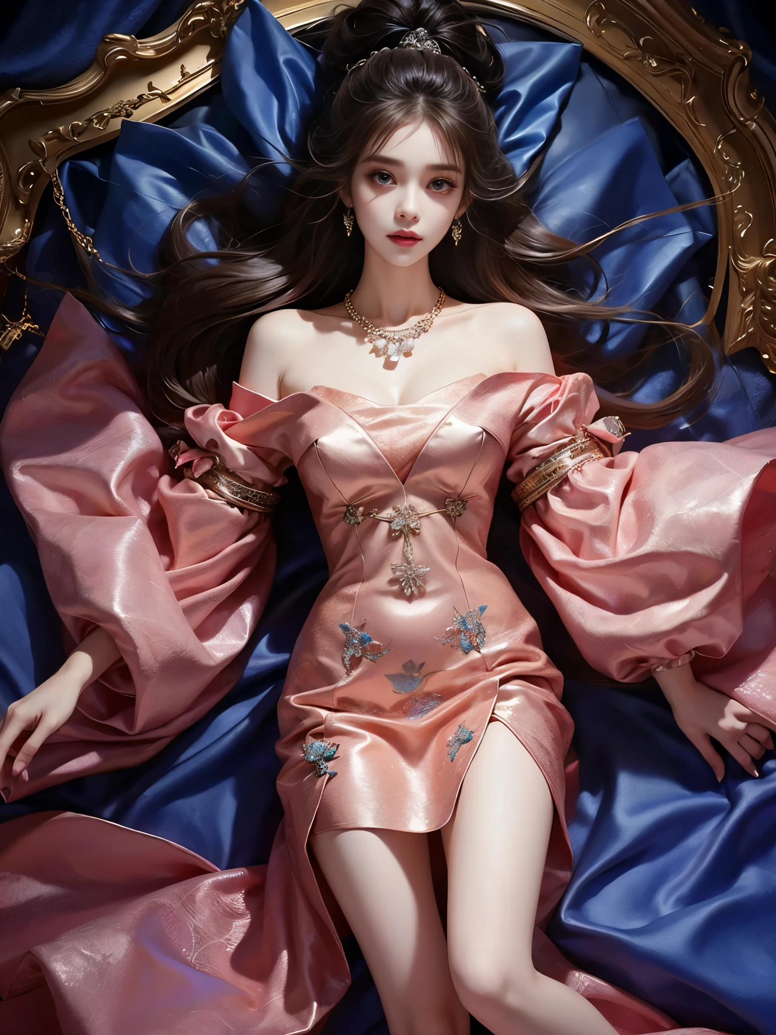 wuxian-xsg ((full body)), ((from above)), ((Satellite view)), ((Lying in bed)), clear face, pretty face, 8k, masterpiece, original photo, best quality, detail:1.2,lifelike, detail, Very detailed, CG, unified, wallpapers, depth of field, movie light, lens flare, Ray tracing, (extremely beautiful face, beautiful lips, beautiful eyes), intricate, detail's face, ((ultra detailed skin)), 1 girl, in the darkness, deep shadow, beautiful korean girl, kpop idol,(Very slim figure:1.3), A plump chest, Large breasts, Slender sexy legs, Very nice legs, elegant posture, (bright smile), (City night, (neon lights), (night), beautiful korean girl, white diamond earrings, Diameter bracelet, Dia necklace, clear eyes, (big eyes)