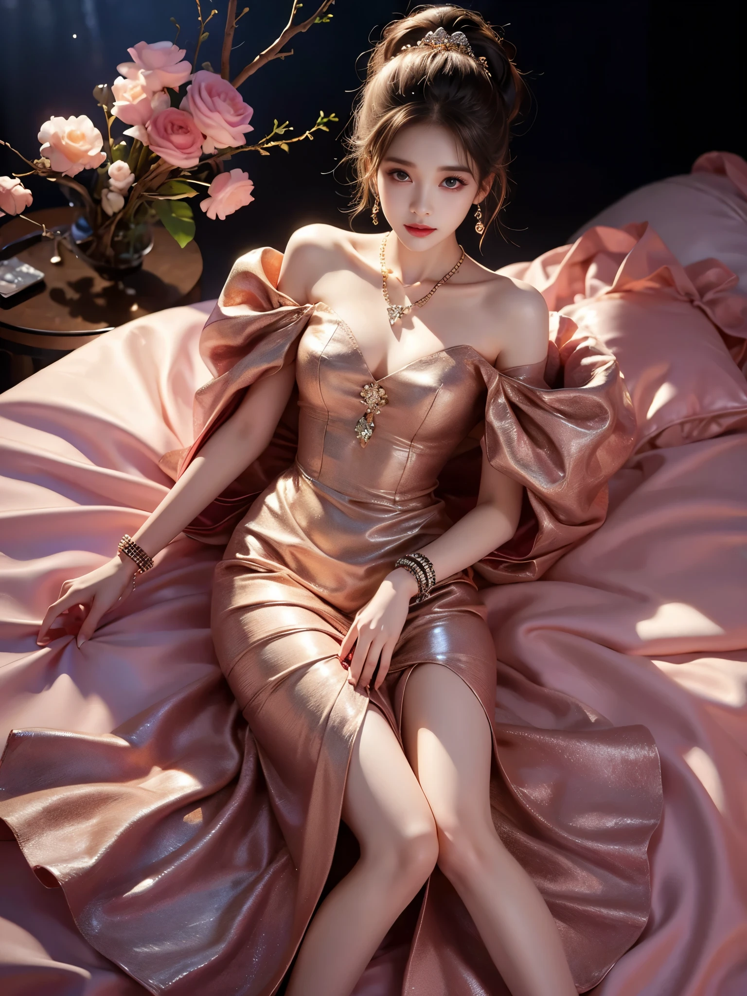 wuxian-xsg ((full body)), ((from above)), ((Satellite view)), ((Lying in bed)), clear face, pretty face, 8k, masterpiece, original photo, best quality, detail:1.2,lifelike, detail, Very detailed, CG, unified, wallpapers, depth of field, movie light, lens flare, Ray tracing, (extremely beautiful face, beautiful lips, beautiful eyes), intricate, detail's face, ((ultra detailed skin)), 1 girl, in the darkness, deep shadow, beautiful korean girl, kpop idol,(Very slim figure:1.3), A plump chest, Large breasts, Slender sexy legs, Very nice legs, elegant posture, (bright smile), (City night, (neon lights), (night), beautiful korean girl, white diamond earrings, Diameter bracelet, Dia necklace, clear eyes, (big eyes)