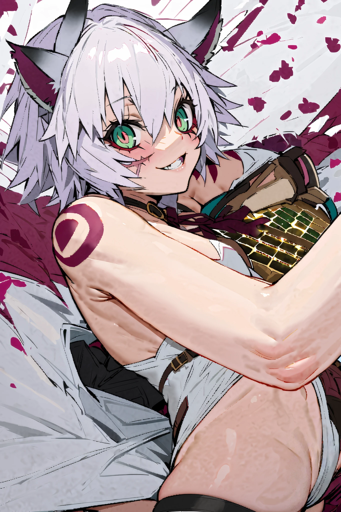 NSFW,masterpiece, best quality, high definition , very detailed , jack the ripper \(Fate/Grand Order\), Shorthair、Gray Hair、Green Eyes、Scars on face、Scar on cheek、Scars on the eyes、Shoulder Tattoo、Cat ears、tail、 white leotards 、first round、 asymmetrical legwear 、 white knee socks、 thigh straps 、 exposed shoulder ,casino