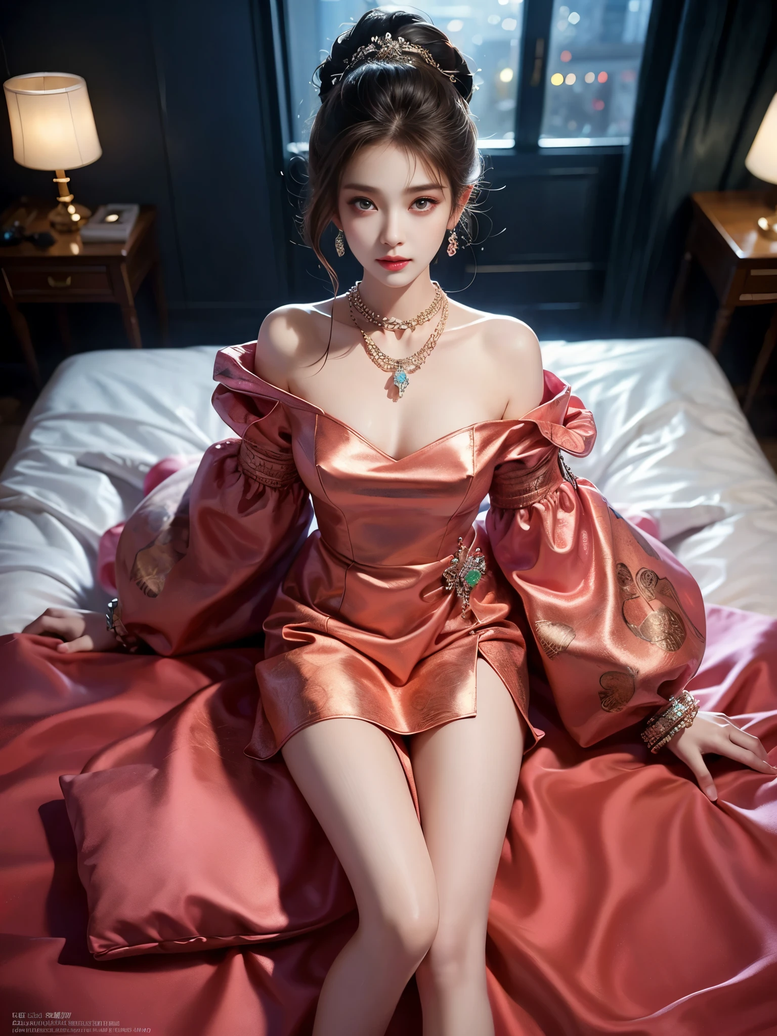 wuxian-xsg ((full body)), ((from above)), ((Satellite view)), ((Lying in bed)), clear face, pretty face, 8k, masterpiece, original photo, best quality, detail:1.2,lifelike, detail, Very detailed, CG, unified, wallpapers, depth of field, movie light, lens flare, Ray tracing, (extremely beautiful face, beautiful lips, beautiful eyes), intricate, detail's face, ((ultra detailed skin)), 1 girl, in the darkness, deep shadow, beautiful korean girl, kpop idol,(Very slim figure:1.3), A plump chest, Large breasts, Slender sexy legs, Very nice legs, elegant posture, (bright smile), (City night, (neon lights), (night), beautiful korean girl, white diamond earrings, Diameter bracelet, Dia necklace, clear eyes, (big eyes)