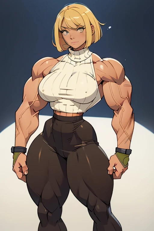 coloured sketch, beautiful woman, blonde bob haircut, turtleneck sweater, long baggy pants, strong well defined muscle, bulky powerful bodybuilder physique, massive muscular arms, perfect and flawless musculature, great muscle definition, perfect muscular body, massive muscular thighs, female muscle juggernaut