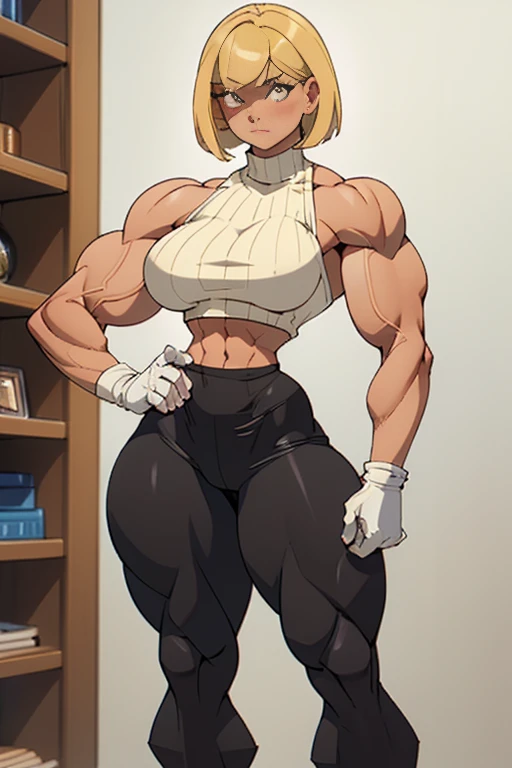 coloured sketch, beautiful woman, blonde bob haircut, turtleneck sweater, long baggy pants, strong well defined muscle, bulky powerful bodybuilder physique, massive muscular arms, perfect and flawless musculature, great muscle definition, perfect muscular body, massive muscular thighs, female muscle juggernaut