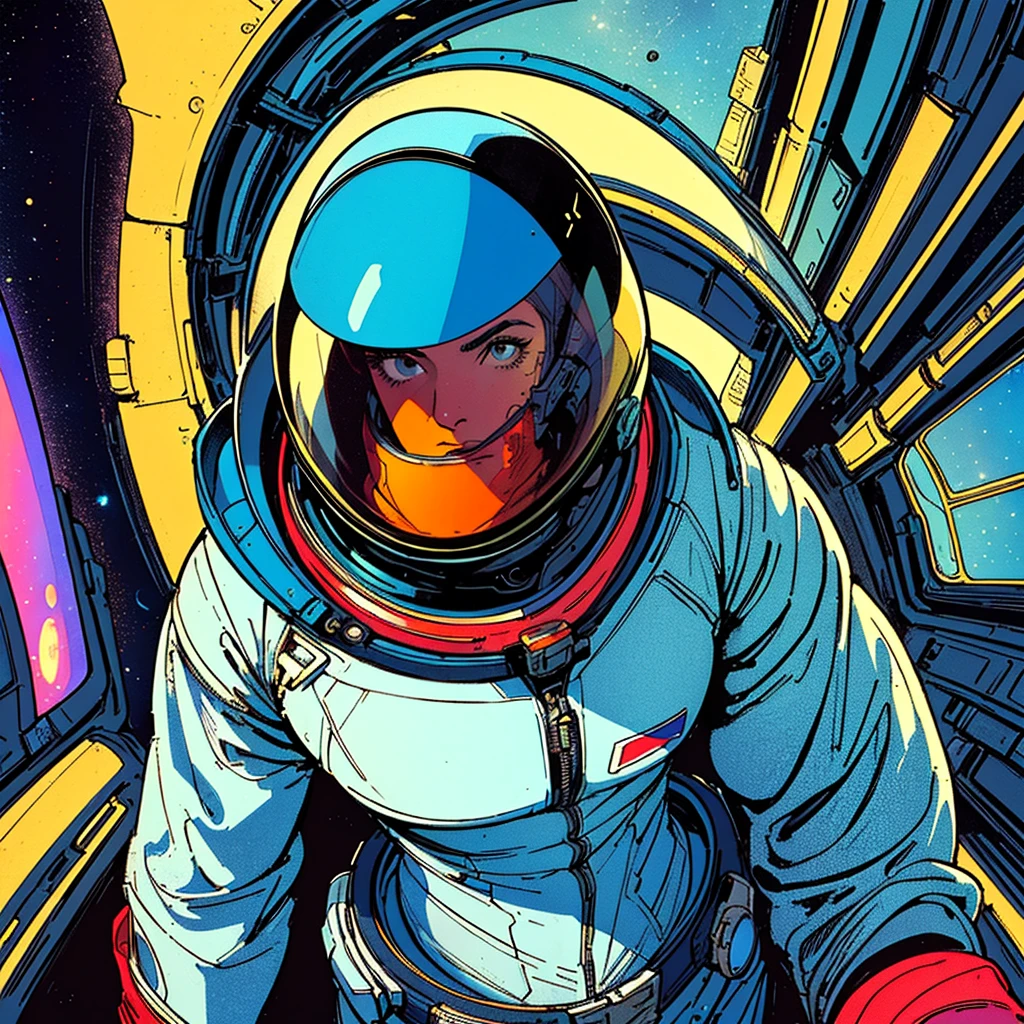 ((( Best Quality Masterpiece ))),(((Absolutely one woman))),(spacesuit that emphasizes cleavage ),((( 70s and 80s space thriller movie posters))),( American Comics ),((( retro vintage style ))),Overwhelmingly complex depiction,Absolute machine group background, futuristic cyberpunk ,Extremely accurate and delicate depiction,