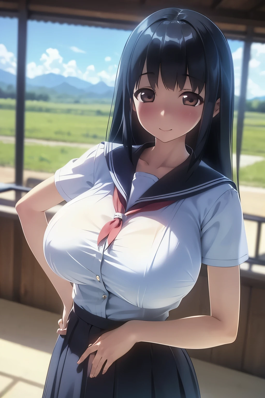  Japanese girls,  High School Girls ,  cowboy shots, smile,  beautiful character designs,  perfect face,  beautiful detail depiction of eyes on the window, affectionate eyes,  Brown Eyes ,  girl counting money {x} long black hair, Short bangs, (Big Breasts:1.2), (Deep Valley:1.2), ( school uniform:1.1), (超 high definition ,  very detailed , 8k,  high definition ,  absurd:1.2), put hands hip, In the middle of nature with no one around, Daytime