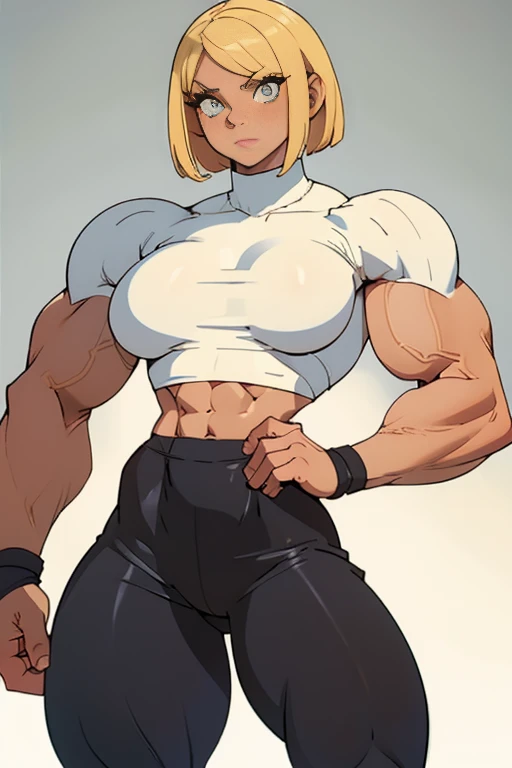 coloured sketch, beautiful woman, blonde bob haircut, turtleneck sweater, long baggy pants, strong well defined muscle, bulky powerful bodybuilder physique, massive muscular arms, perfect and flawless musculature, great muscle definition, perfect muscular body, massive muscular thighs, female muscle juggernaut