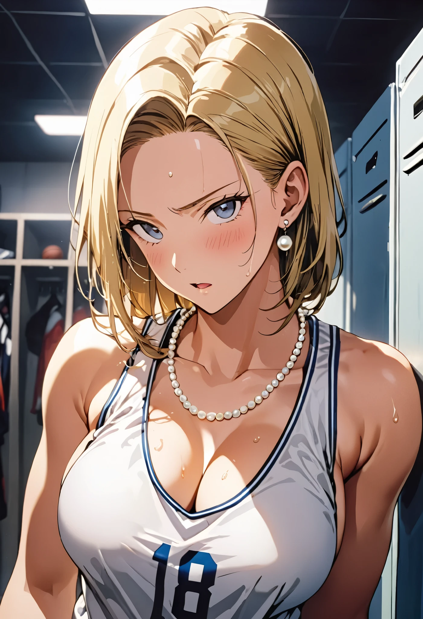 masterpiece, Best Quality, High resolution,16k,official art,super detailed skin,detailed, (Artificial Human Room No. 18),1990s \(style\),(E-cup beautiful breasts), clevage,(tall:1.2),height: 170cm,Fashion model body type,Sweating all over the body,Muscular、((sexy))、(nsfw),Anime-style painting style, blonde,Basketball player、（number 18 basketball uniform）、（Number 18）,Pearl_necklace, bracelet, Short slicked back hair,Earrings,Cinematic lighting,Superfine,locker room,1 girl 、Exposed breasts、shy,blush,ahegao,dynamic angle,looking viewer