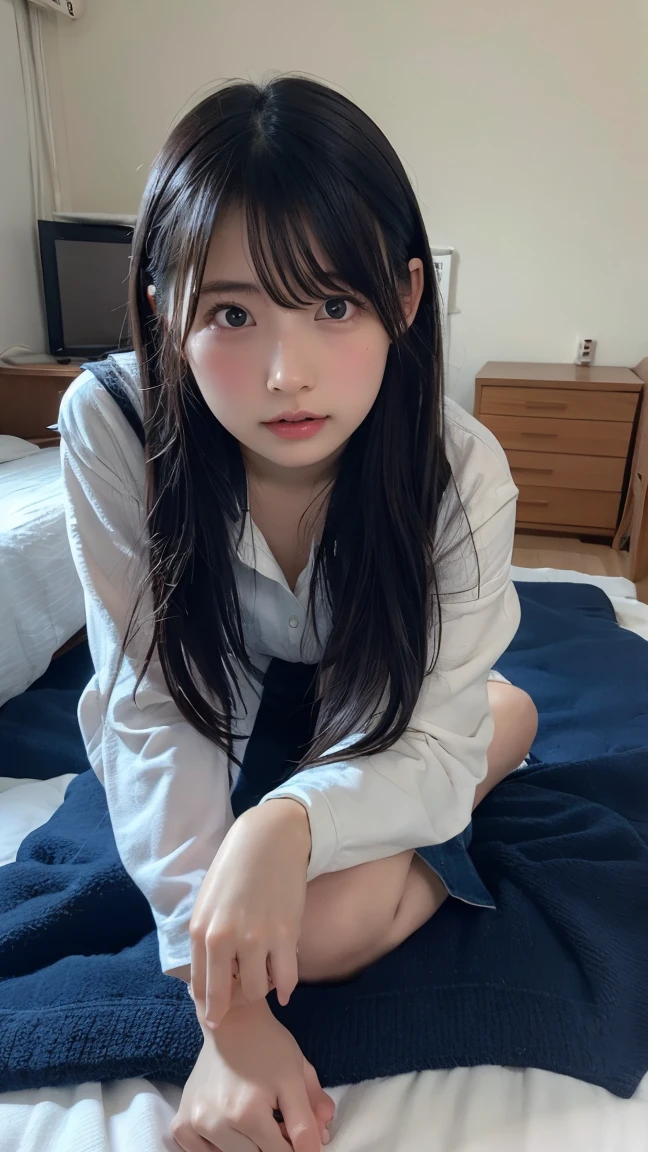 (eye closed:1.3), (open open mouth:1.2), embarrassed from, a bed, 奈良美智, Good young girl, Sexy Girl, Lovely woman, Beautiful Asian Girl, Wear a choker around your neck,curlyhair,bangss, (Angle from behind:1.2), (Lie face down:1.2), (skirt by the:1.2),(Lower body of men:1.3)