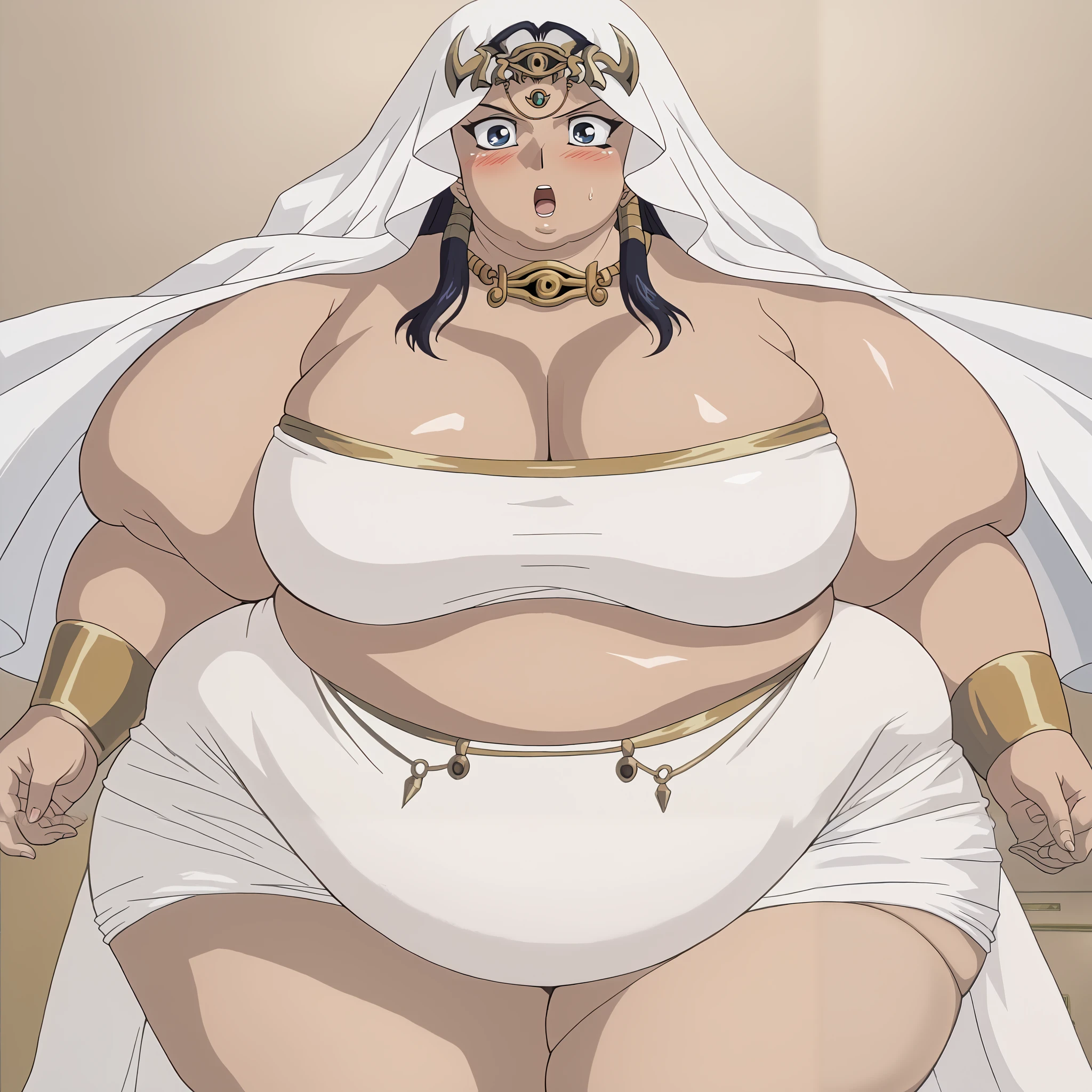 score_9, score_8_up, score_7_up, BREAK source_anime, BREAK II, 1girl, solo, looking at viewer, , eye of horus headpiece, eye of horus necklace, forehead jewel, head scarf, wedding dress, fat, chubby, obese, gigantic arms and legs, large breasts, Ishizu Ishtar, detailed face, perfect quality, detailed eyes, detailed mouth, open mouth,  surprised out of breath, blush, embarrassed