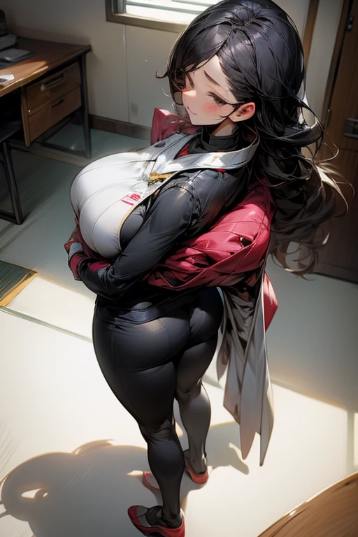 One female、30 year old Japanese woman、 Office Lady、 very big breasts 、Very big ass、 Women's Suit 、look back、Panties covered with mucus are falling off my feet、full body、from above