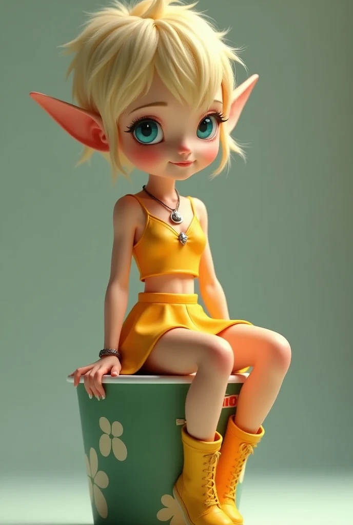 Cup noodles with the lid closed, a miniature elf figure sitting on the edge of the lid, blonde pixie cut, azure eyes, Pointy Ears, silver necklace, yellow camisole, yellow mini skirt, yellow short boots, smile, realistic